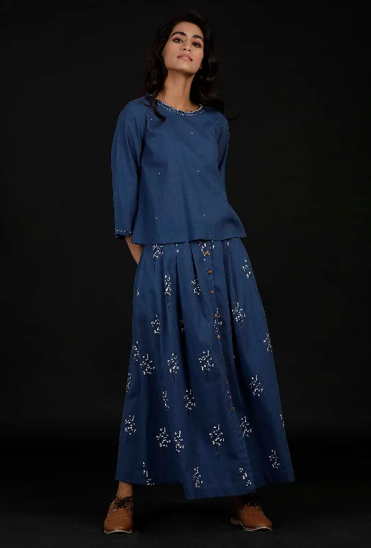 Denim Blue Block Print Cotton Skirt denim skirt classic