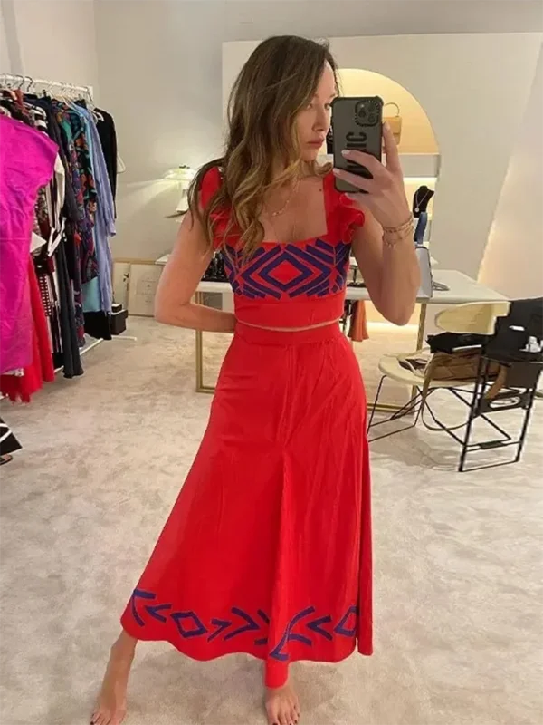 Fashionable sleeveless wavy edge printed vest and skirt suit vintage skirt charm
