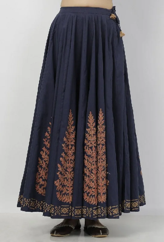 Indigo Blue Leaves Hand-Block Printed Tasseled Cotton Gathered Kali Skirt leather skirt bold