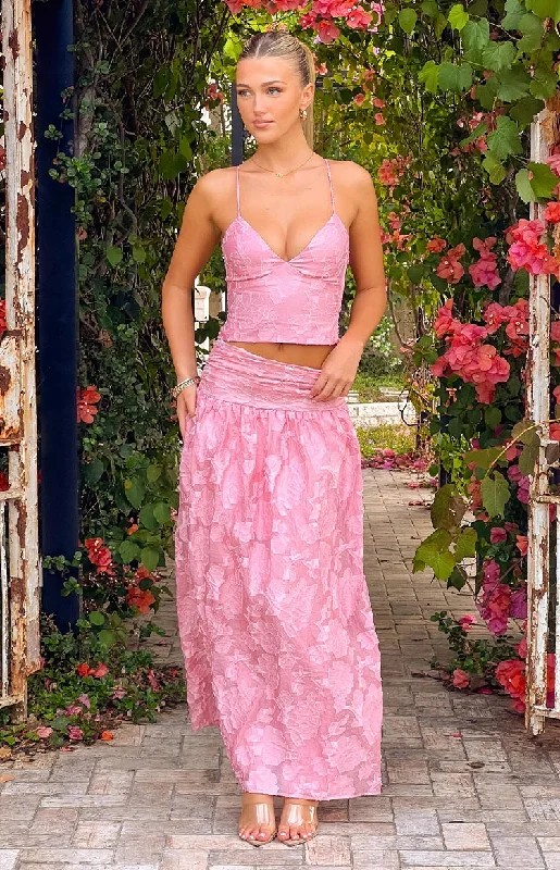 Jewel Pink Floral Maxi Skirt denim skirt classic