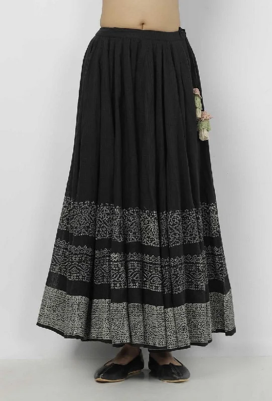 Kaani Black and White Tri Pattern Hand-Block Printed Tasseled Kota Skirt lace skirt romantic