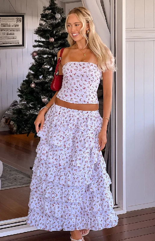Paisley White Floral Ruffle Maxi Skirt cashmere skirt soft