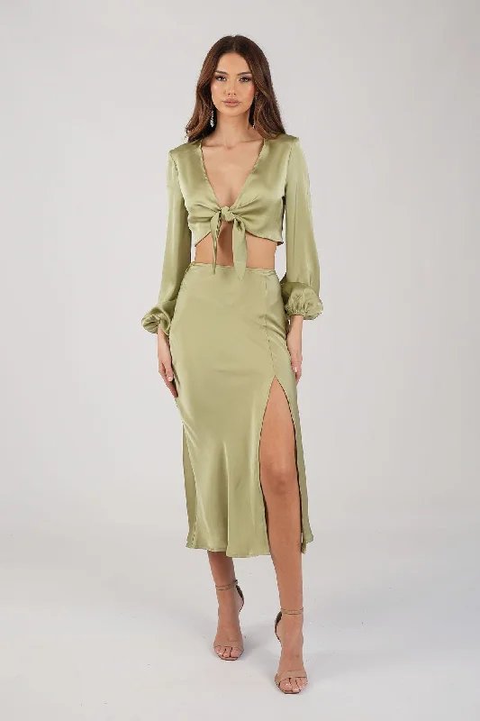 Quinn Satin Set - Long Sleeve Crop Top and Midi Skirt in Olive lace skirt elegant