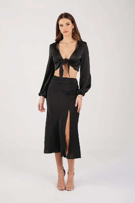 Quinn Satin Set - Long Sleeve Crop Top and Midi Skirt in Black velvet skirt rich