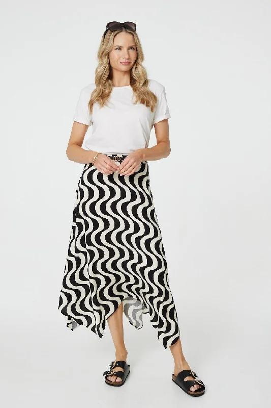 Wave Print Hanky Hem Belt Midi Skirt corduroy skirt cozy