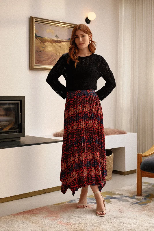 Printed Box Pleat Hanky Hem Midi Skirt high slit skirt