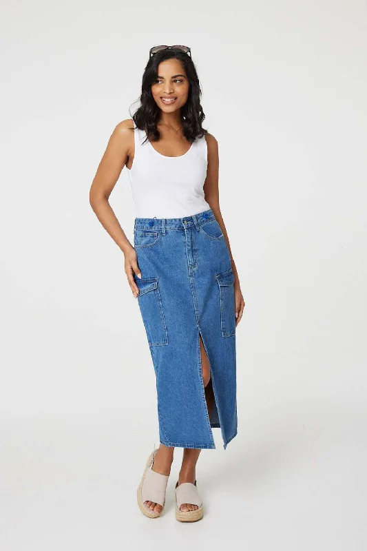 Denim High Waist Split Midi Skirt leather skirt bold