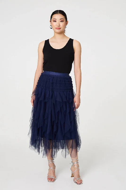 Ruffled Sheer Mesh High Waist Midi Skirt elastic waist skirt