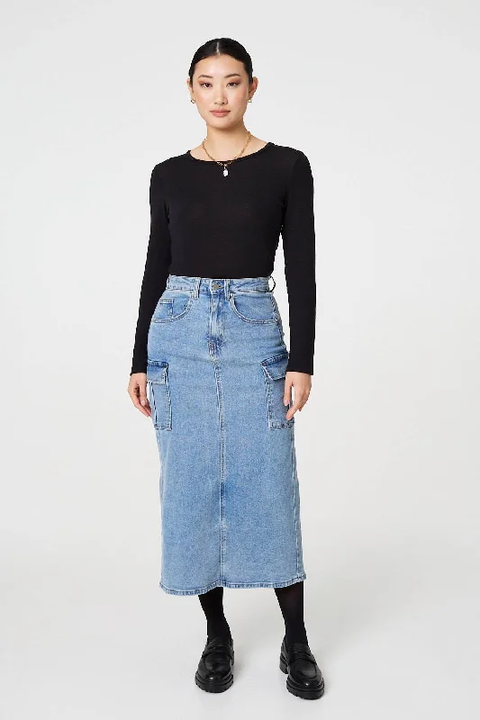 Denim High Waist Midi Cargo Skirt belted skirt waist