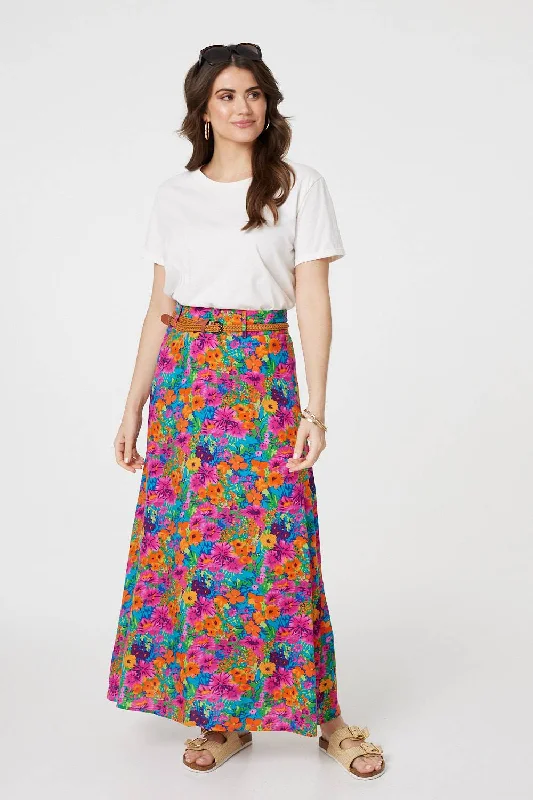 Floral Print Belted A-Line Maxi Skirt lace skirt intricate
