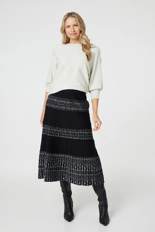 Border Print Knit High Waist Midi Skirt cashmere skirt soft