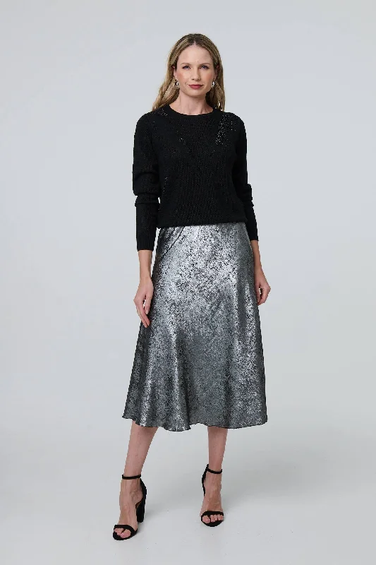Metallic A-Line Midi Slip Skirt tiered skirt playful
