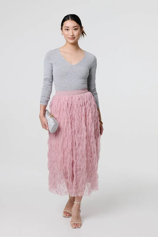 Ruffled High Waist Semi Sheer Midi Skirt zip skirt side