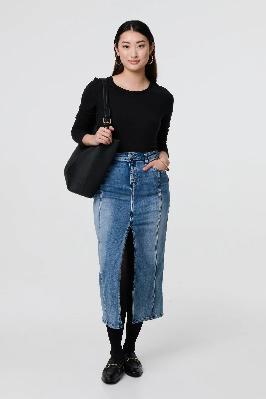 Washed Denim Split Hem Knee Length Skirt chiffon skirt airy