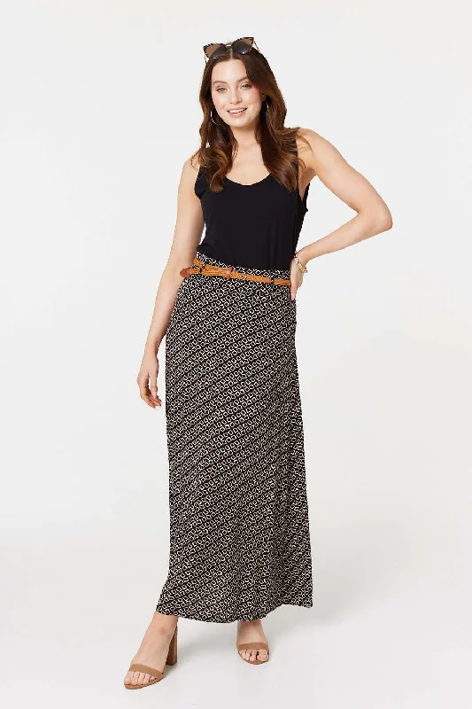 Printed A-Line Belt Maxi Skirt silk skirt elegant