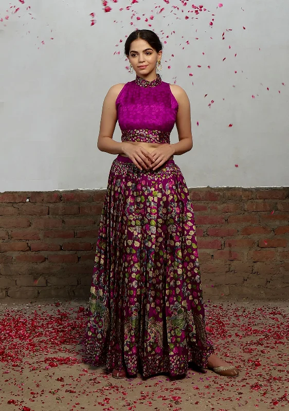 Set Of 2: Plum Kalamkari Printed Cotton Silk High Neck Crop Blouse With Printed Cotton Silk Pleated Long Skirt linen skirt relaxed