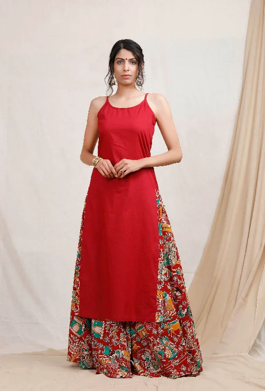 Set of 2: Red Cotton Slip and Cotton Kalamkari Skirt silk skirt lustrous