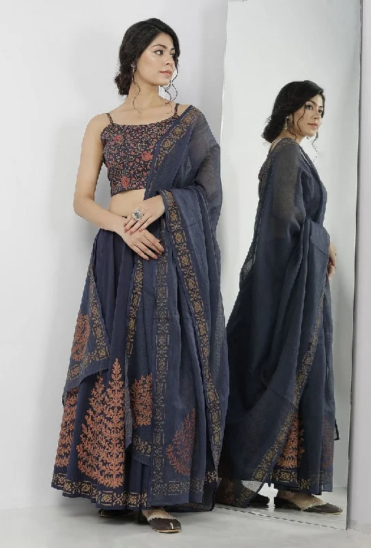 Set of 3: Indigo Blue Floral Hand-Block Printed Cotton Slip Blouse with Hand-Block Printed Tasseled Cotton kali Skirt and Floral Hand-Block Printed Kota Dupatta chiffon skirt airy