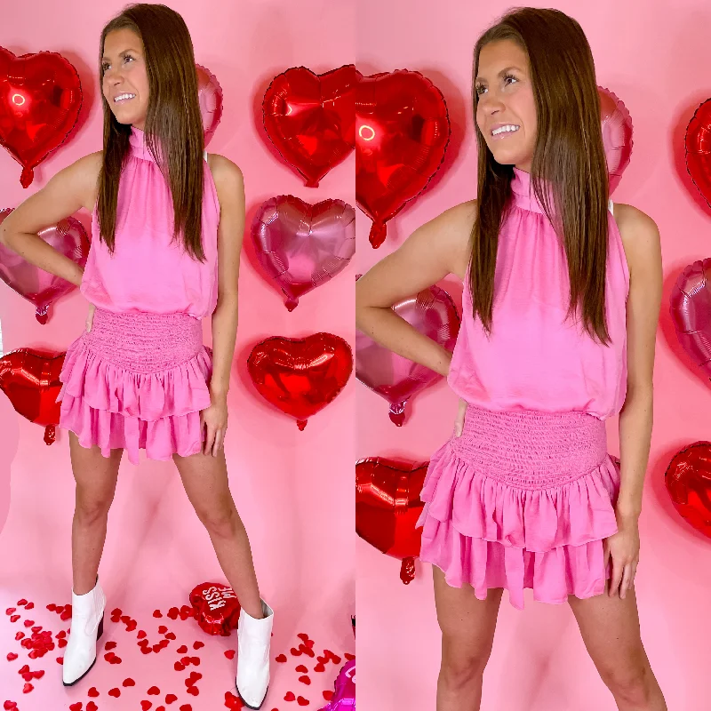 Going For Glam Smocked Waist Romper with Ruffle Skirt in Pink denim skirt stylish