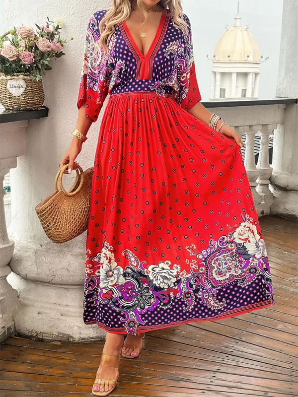 Spring and summer casual holiday printed V-neck long skirt pleated skirt texture