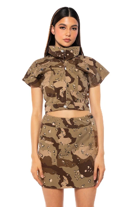 WE RIDE CAMO BUTTON DOWN AND MINI SKIRT SET IN BROWN athletic skirt fit