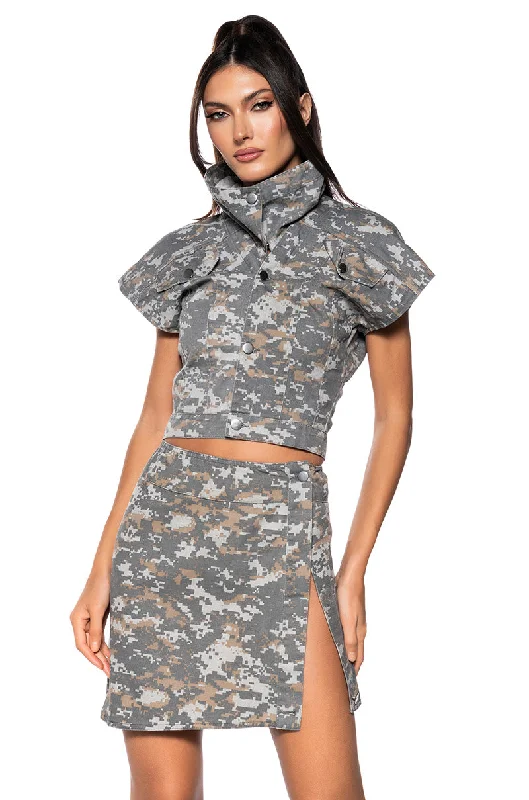 WE RIDE CAMO BUTTON DOWN AND MINI SKIRT SET IN GREY leather skirt sleek