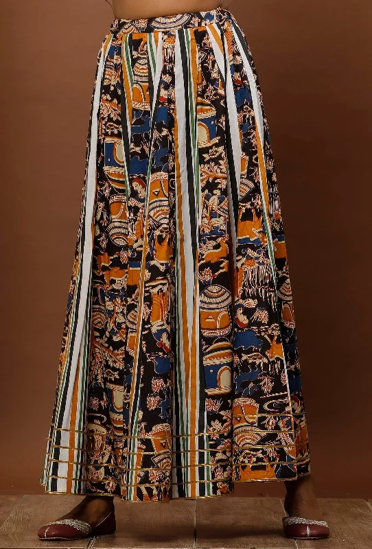 White Striped & Black Kalamkari Flared Cotton Skirt lace skirt intricate
