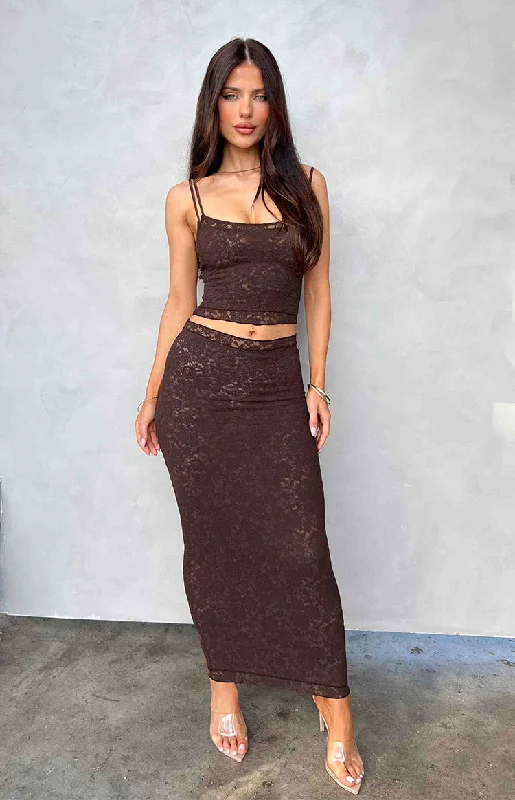 Willow Brown Lace Midi Skirt velvet skirt glossy