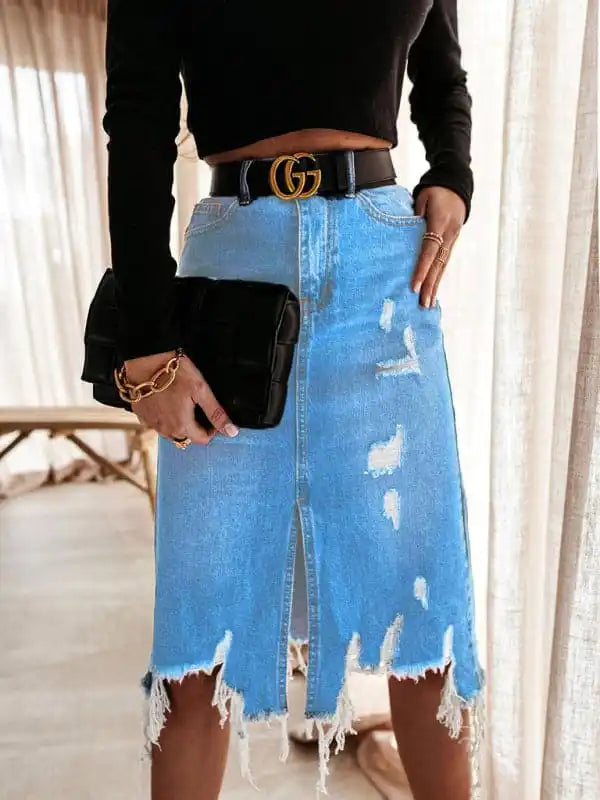 Women’s Casual Washed Irregular Ripped Fringed Denim Skirt linen skirt relaxed