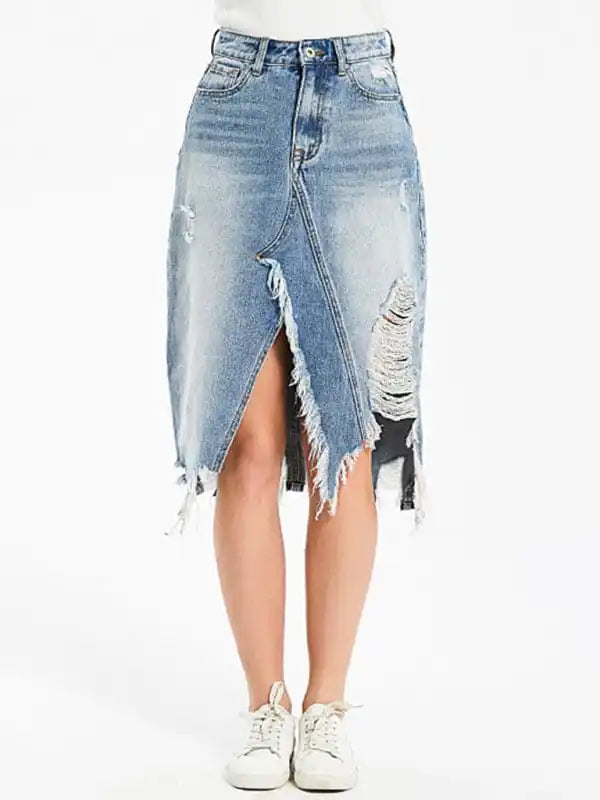 Women’s Irregular fringed ripped butt-lifting denim midi skirt silk skirt smooth