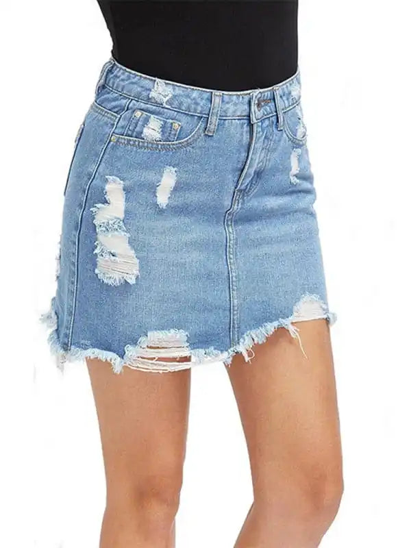 Women’s ripped fringed loose sexy denim skirt lace skirt intricate