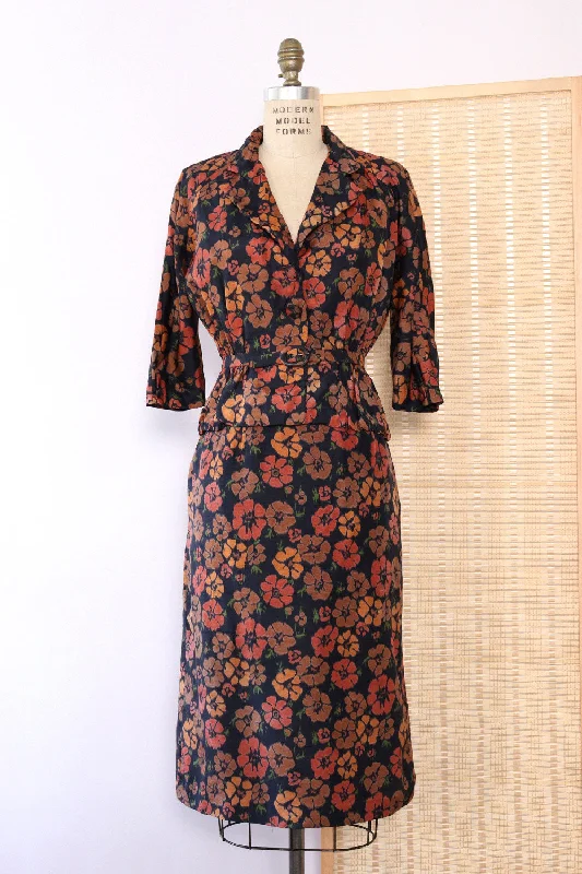 1940s Autumn Floral Skirt Suit S elastic waist skirt