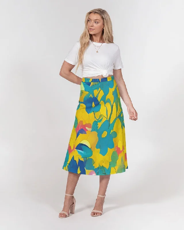 Beautiful yellow and blue hint of red pattern Women's A-Line Midi Skirt linen skirt light Beautiful yellow and blue hint of red pattern Women's A-Line Midi Skirt linen skirt light