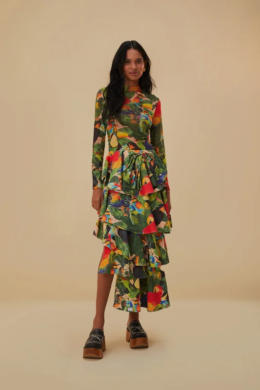 Bird Leaves Sand Tiered Bow Detail Maxi Skirt linen skirt natural