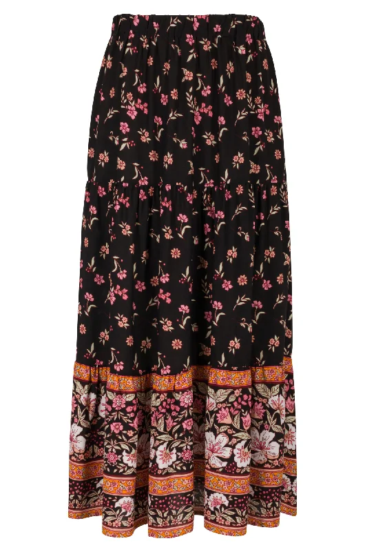 Border print pull on Skirt | Blk Pink Grdn Border | 6322ZZ midi skirt versatile