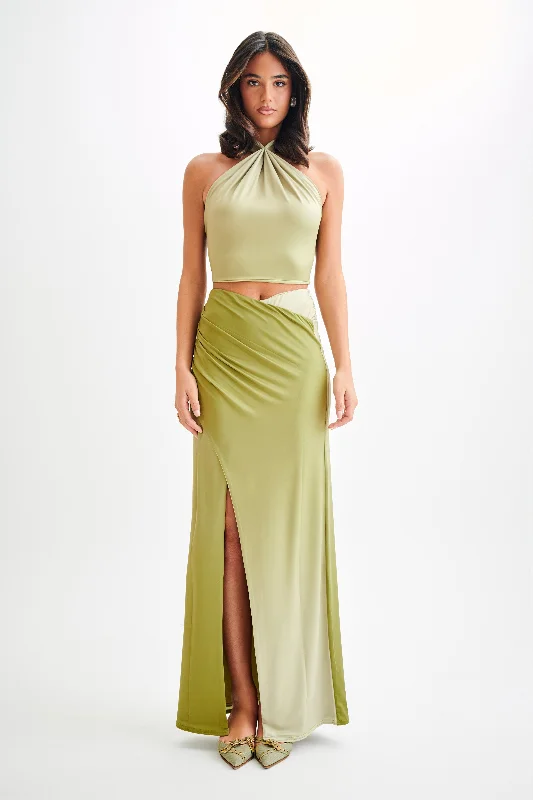Bronwyn Slinky Ruched Maxi Skirt With Split - Ombre Vintage Olive silk skirt elegant