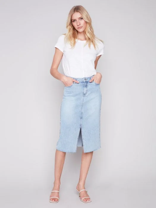 Charlie B - Frayed Hem Denim Skirt With Front Slit ?? velvet skirt glossy