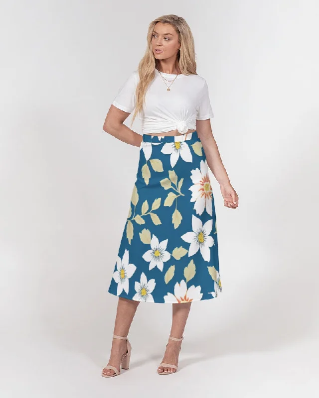 Dark blue background and white flower pattern Women's All-Over Print A-Line Midi Skirt asymmetrical skirt cut Dark blue background and white flower pattern Women's All-Over Print A-Line Midi Skirt asymmetrical skirt cut