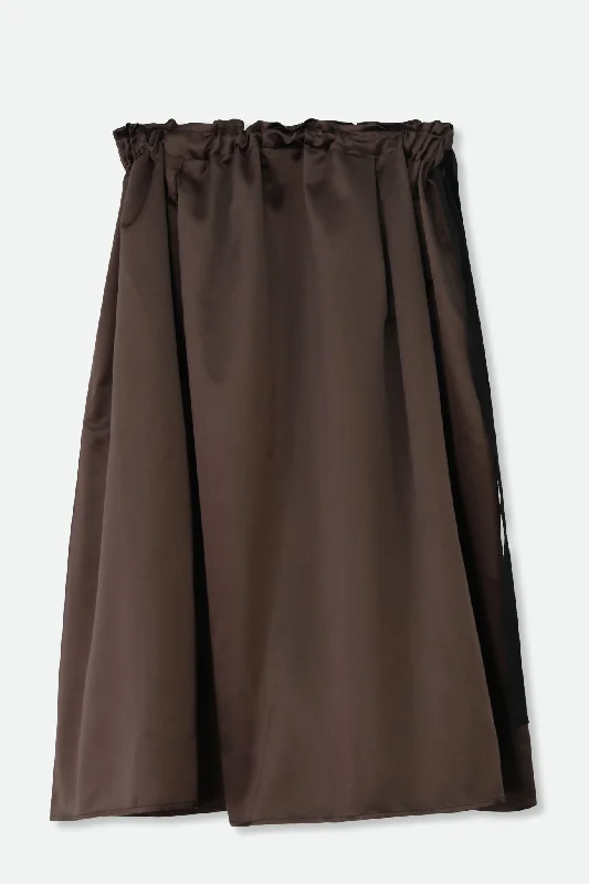 MAEVE MIDLENGTH DRAWSTRING SKIRT IN SILK SATIN CHOCOLATE pleated skirt texture