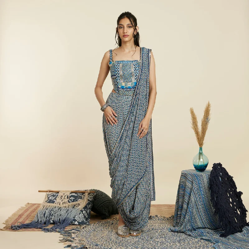 CROP-TOP TEAMED WITH BLUE GEO DRAPE SKIRT AND DRAPE high waist skirt