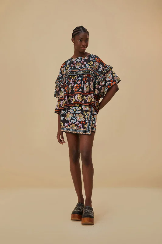 Flowery Black Mini Skirt chiffon skirt flowing