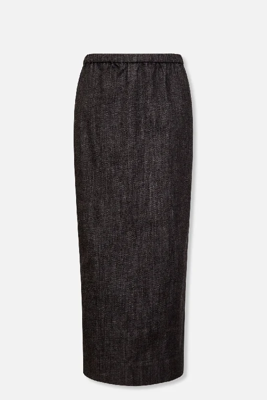 PISA LONG KICK PLEAT SKIRT IN STRETCH DENIM high slit skirt
