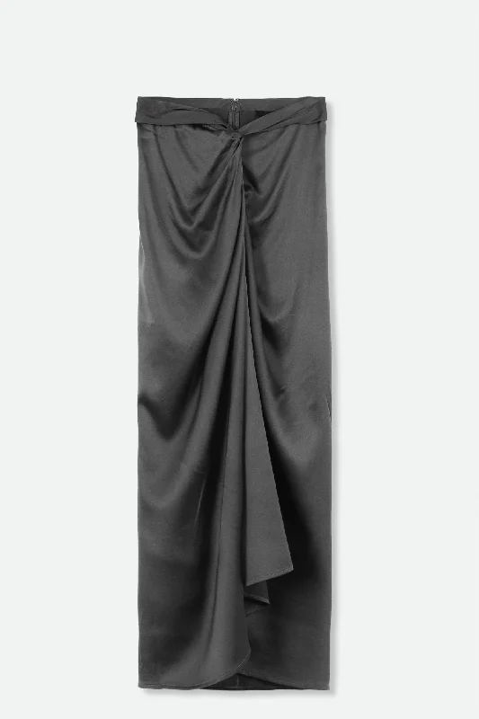 SANAA SARONG SKIRT IN STRETCH SILK CHARMEUSE IN GUNMETAL SILVER button skirt front