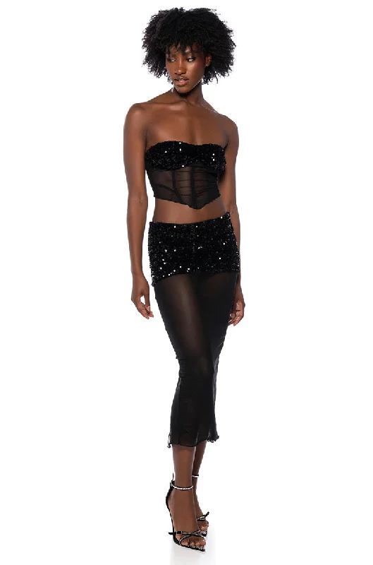 LETS GO OUT SHEER SPARKLE CORSET TOP AND MIDI SKIRT SET ribbed skirt waist