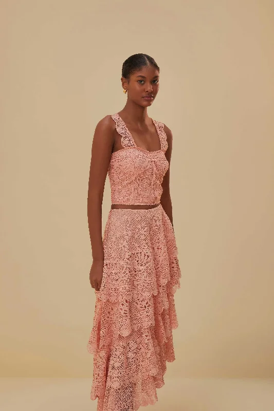 Light Pink Guipure Layered Maxi Skirt athletic skirt fit