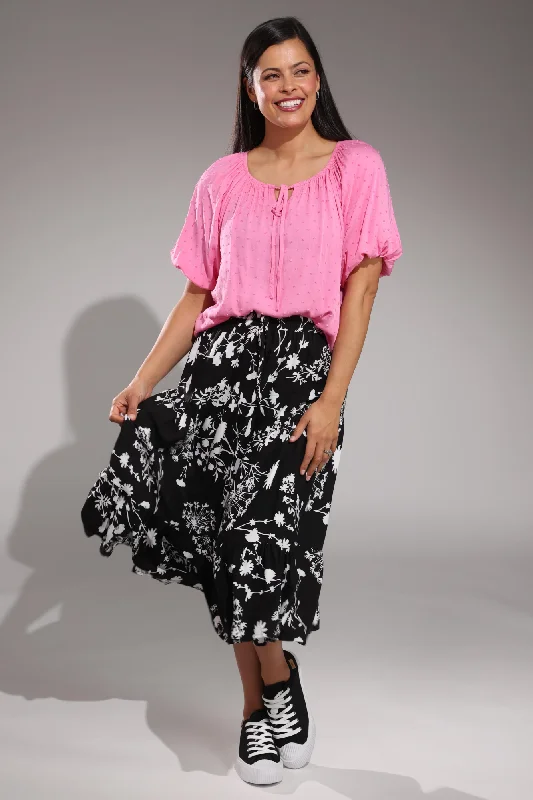 Pull on elastic waist Tiered Skirt | BLACK WHITE SPRIG | 3367A1 pencil skirt chic