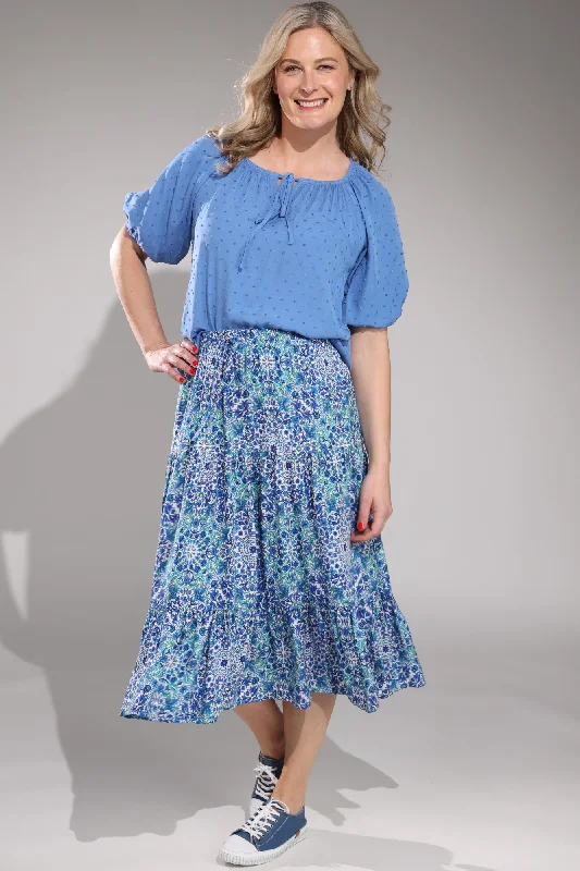 Pull on elastic waist Tiered Skirt | Blues Sage Vine | 3367A1 a-line skirt cut
