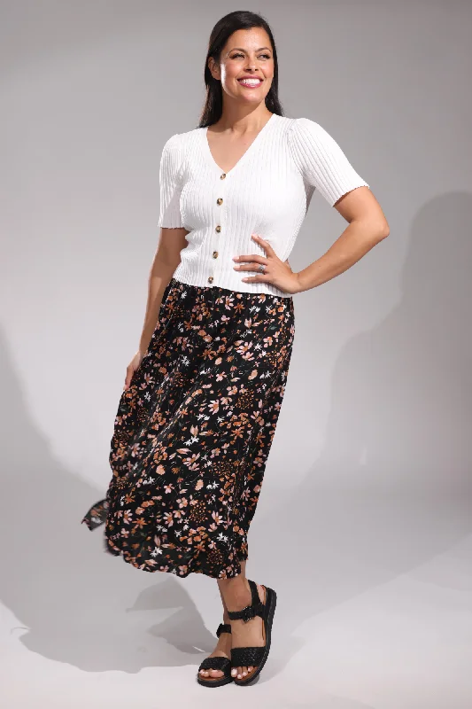 Maxi Skirt with shirred waistband | Orange Black Vine | 3364YY chiffon skirt lightweight