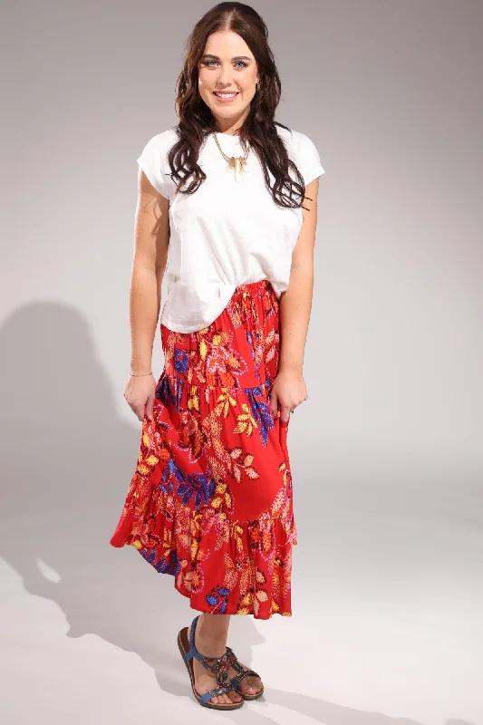 Pull on elastic waist Tiered Skirt | Red Gold Leaf | 3367A1 high waist skirt