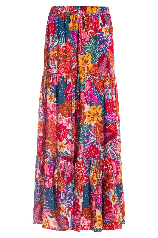 Maxi Skirt with drawcord waist | Multi Hibiscus | 3367AR linen skirt light